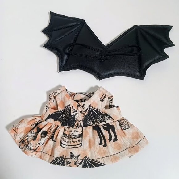 Custom Spooky Halloween Bat Dress and Faux Leather Bat Wings Made to fit Labubu - Picture 4 of 5